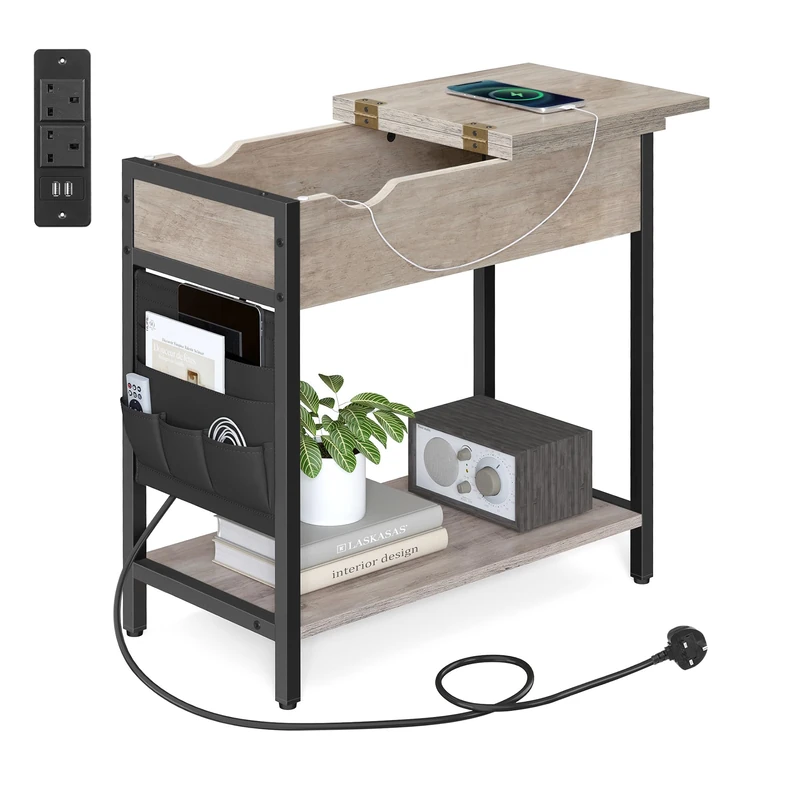 VASAGLE Slim Side Table with Charging Station, Narrow Bedside Table with Storage, End Table with USB Ports, Outlets, Fabric Bags, for Living Room, Bedroom, Heather Greige and Ink Black LET309B02