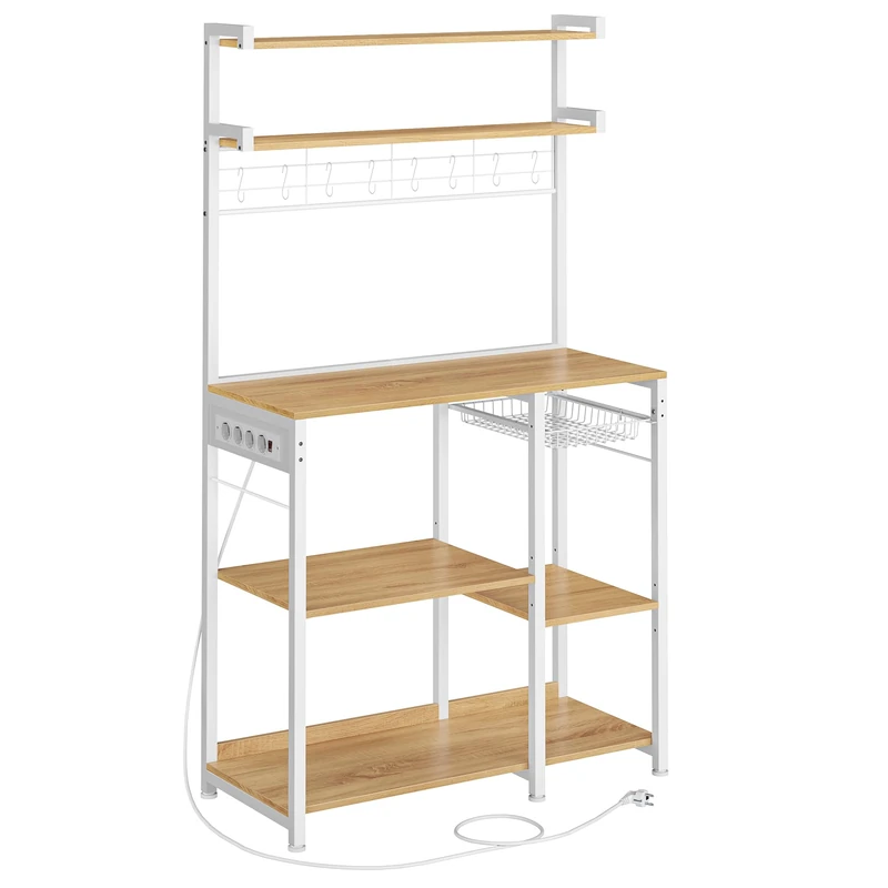VASAGLE Kitchen Shelf with Sockets, Bakery Shelf, Coffee Bar, 8 S Hooks, Basket, Spice Rack, 40 x 90 x 165 cm, Oak Gold and White Cloud KKS031Y19