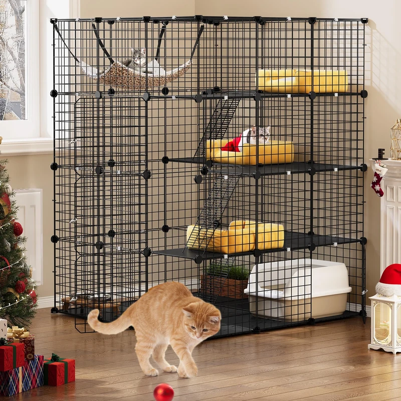 YITAHOME 4 Tier Cat Cage Large Cat Enclosures with Hammock Detachable Metal Wire Crate Kennels Indoor/Outdoor Small Animal House Fence for 1-4 Cats,DIY Pet Crate Playpen, 105 x 105 x 140 cm