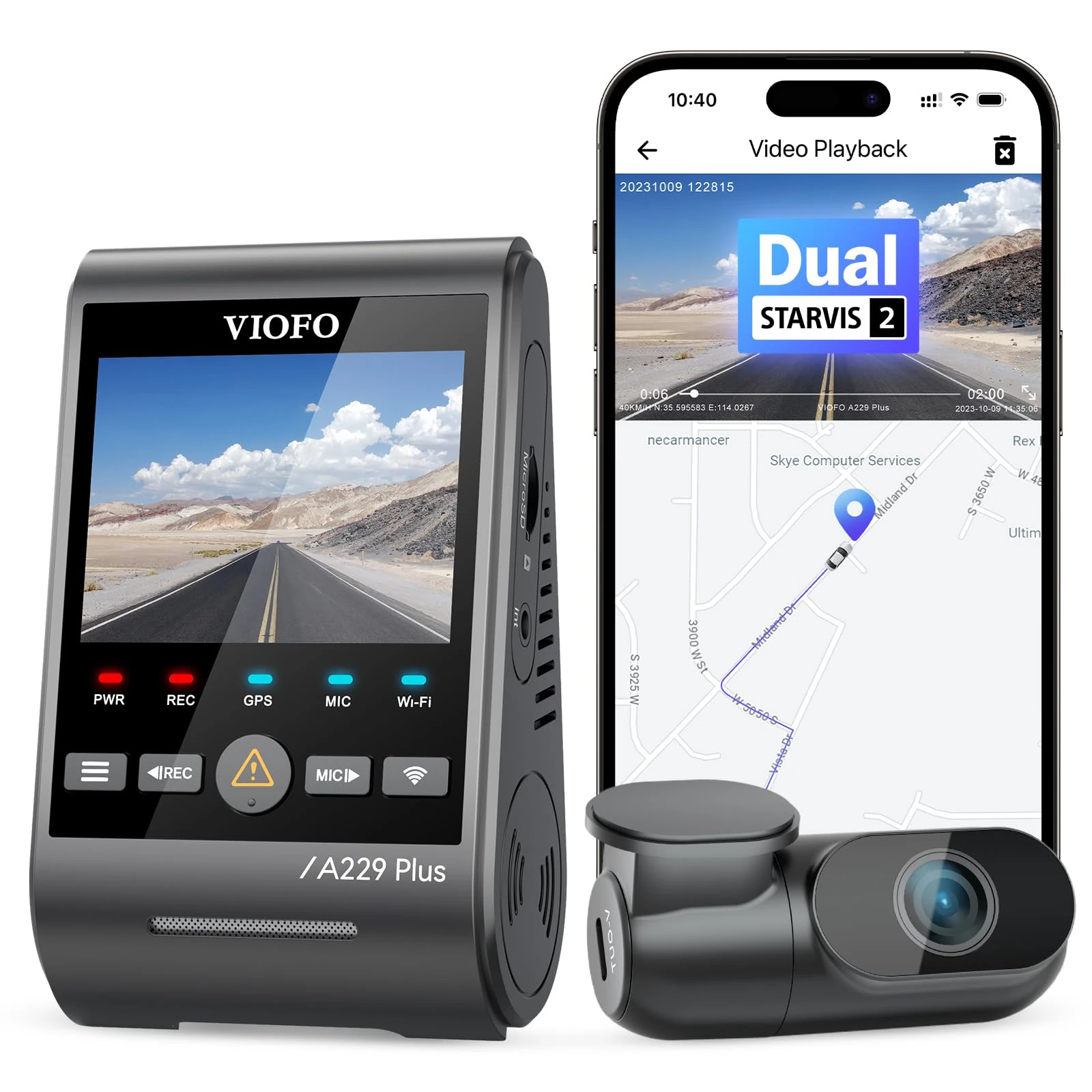 VIOFO A229 Plus 2K + 2K Dual STARVIS 2, HDR Front Rear Dash Cam Car, Voice Control & 5GHz Wi-Fi Car Camera, Ultra-Precise GPS, Super Night Vision 2.0, 2.4" Large LCD, Voice Notification, 512 GB Max