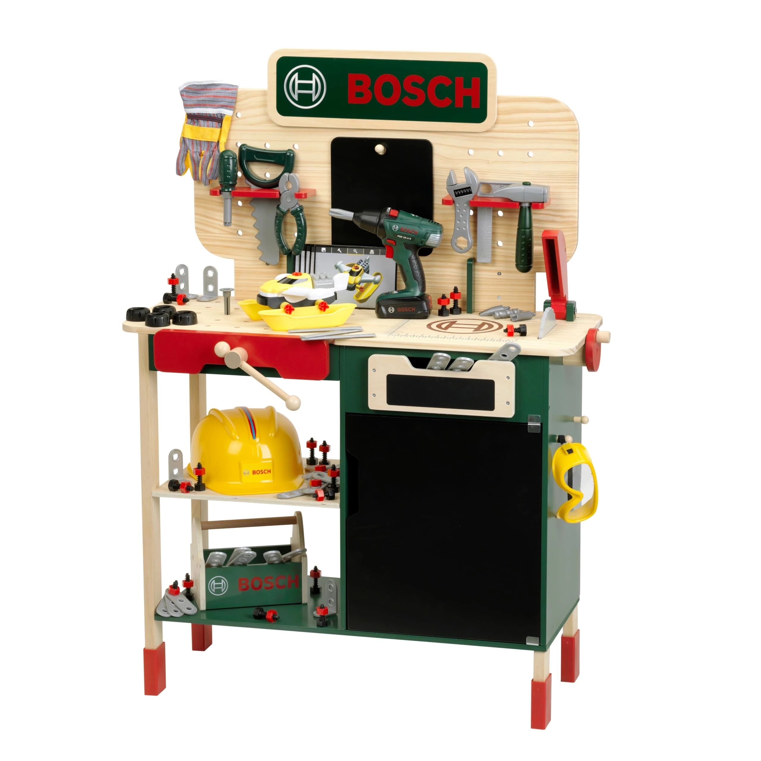 Theo Klein 8734 Bosch wooden workbench I Sturdy children's workbench, adjustable height I Electric cordless drill, tools with light and sound effects I Toy for children from 3 years