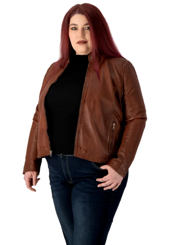 URBAN 5884 Riley Women's Leather Jacket, Real Lambskin Jacket for Plus Size, Durable and Soft to the Touch, Cognac, 50 Große Größen
