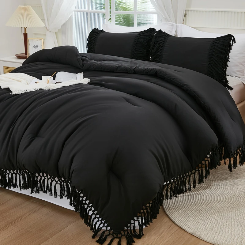 Andency Black Comforter Set King, 3 Pieces Boho Tassel Bedding