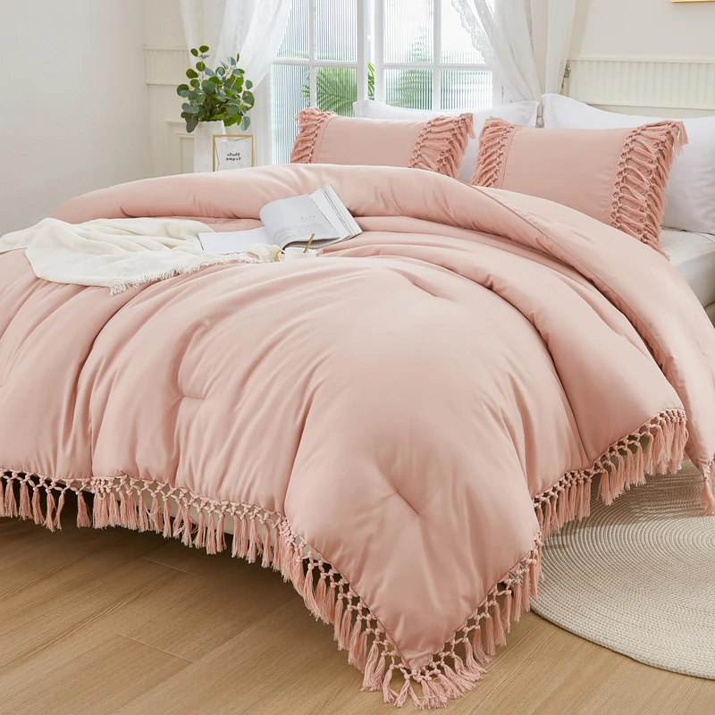 Andency Pink Comforter Set King, 3 Pieces Boho Tassel Lightweight Soft Bedding Comforter Sets for King Bed, All Season Fluffy Fringe Bed Set (104x90In Comforter & 2 Pillowcases)