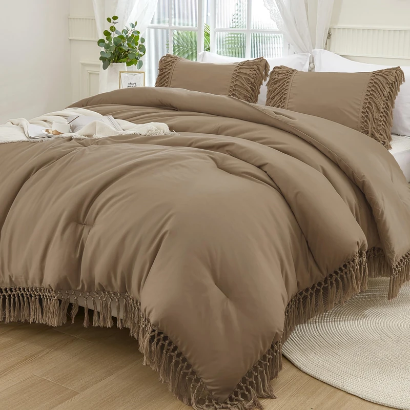 Andency Taupe Comforter Set King, 3 Pieces Boho Tassel Bedding