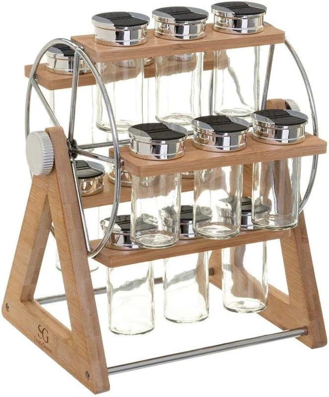 Avilia Set of 15 Spice Jars with Orgnizer - Spice Rack with Rotating Stand, Glass and Bamboo, 27 x 25 x 31.5 cm