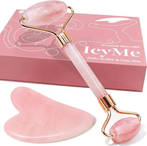 BAIMEI Gua Sha & Jade Roller, Facial Roller, Gua Sha Facial Tools, Massager Tools for Face, Eyes, Body, Skin Care Gifts for Women, Firm Skin, Natural Jade- Rose Quartz