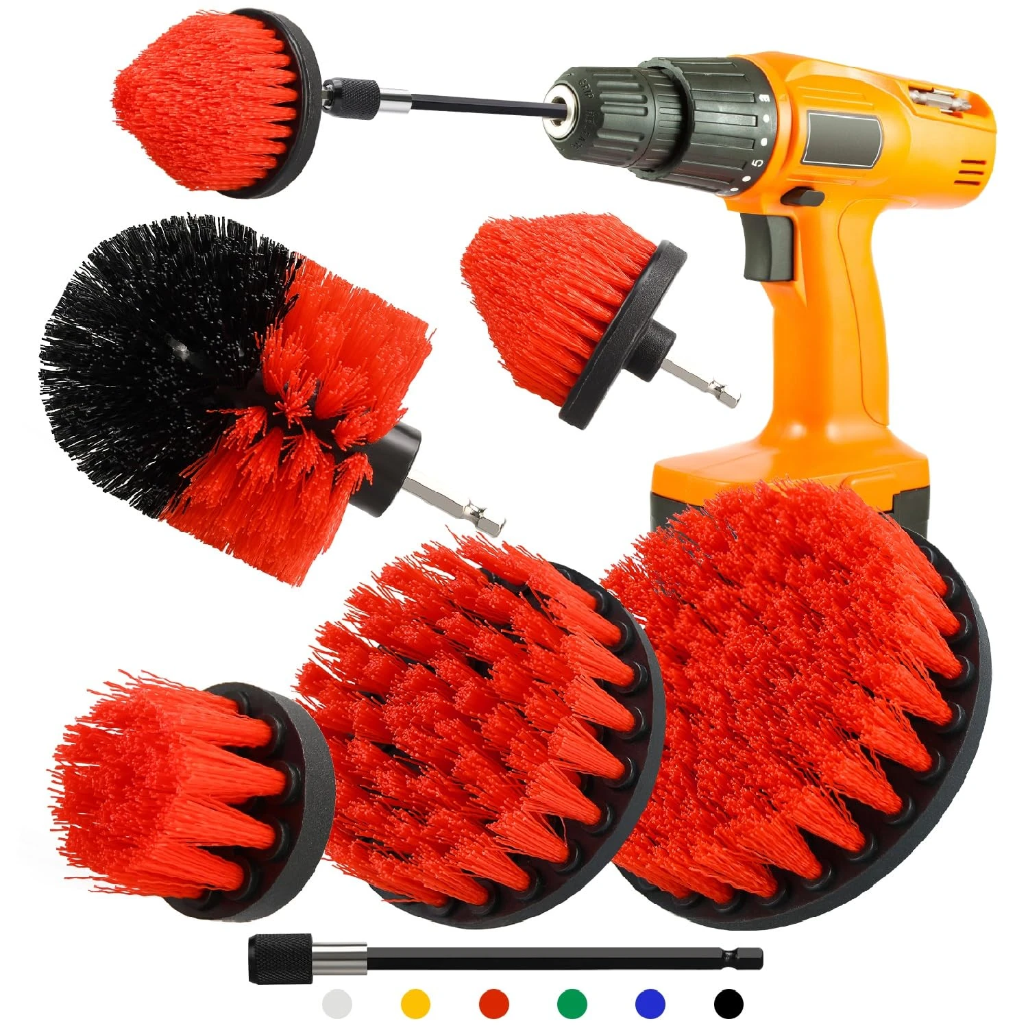 Drill Brush Attachment Set, 5pcs 1/4in Power Scrubber With 1pcs Extend Long Attachment for Cleaning Showers, Tubs, Bathroom, Tile, Grout, Carpet (5 Brushes Red)