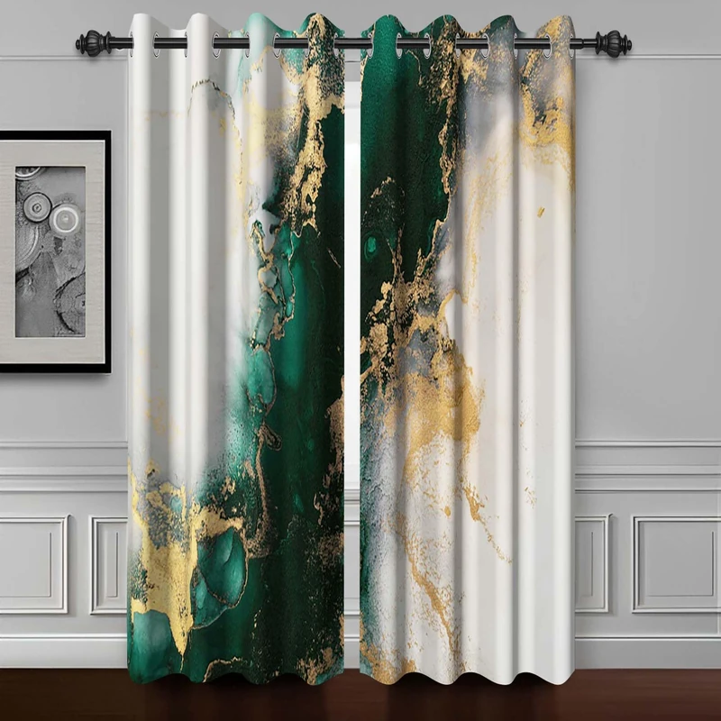 Green Gold Luxury Marble Blackout Curtains 96 inch Long,2 Panels 53"Wx96"L