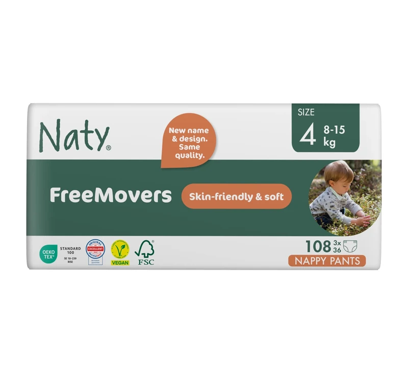 Naty FreeMovers Nappy Pants | Sensitive Skin Certified Potty Training Pants | Soft, Fragrance Free | Absorbent & Leak-Proof | Unisex Baby & Toddler | Size 4 (8-15 kg), 108 Count