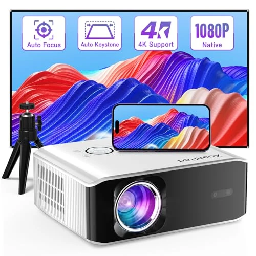 [Official Netflix & AutoFocus] Mini Smart Projector 4K Support, WiFi & Bluetooth, XuanPad Native 1080P Portable Projector with 360° Stand, Auto Keystone, Thinnest Cooling Design, Dust Removal