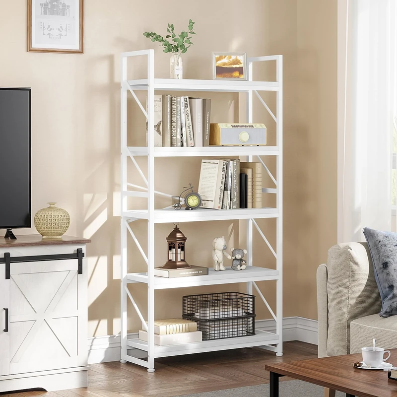 YITAHOME Bookcase 5 Tiers, Industrial Book Shelf Large Floorstanding Book case Wooden Shelf and Metal Frame Shelving Unit Display Storage Rack for Living Room, Home Office, Pure White Bookshelf