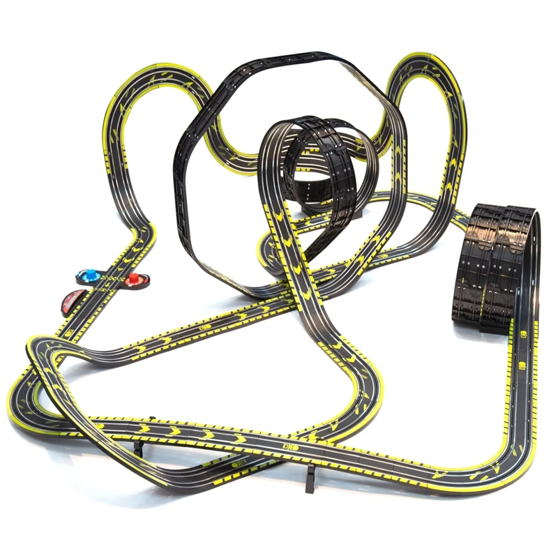 Micro Scalextric Mega Mania Race Set - Mains Powered Slot Car Track for Kids Age 4+ - 1x Law Enforcer, 6x Stunt Loop, 1x Ejector Lap Counter, 4x Track Extension Packs