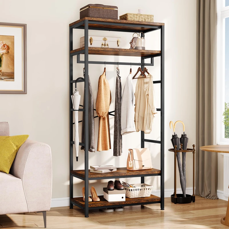 YITAHOME Coat Rack Stand with Shoe Storage, Floorstanding Hall Tree with 2 Shelves Industrial Clothes Rail Garment Rack Clothing Storage Shelving Unit for Entryway Hallway Living Room, Rustic Brown