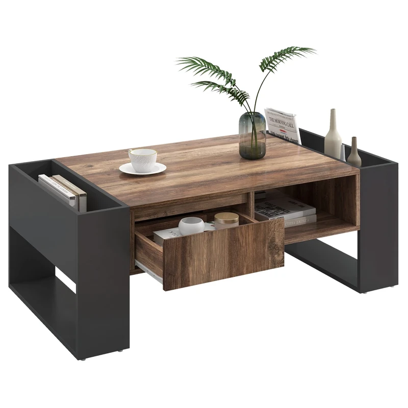 Merax Wood Grain Coffee Table | Handleless Drawer and Double-Sided Storage Compartment | Black Wood Color