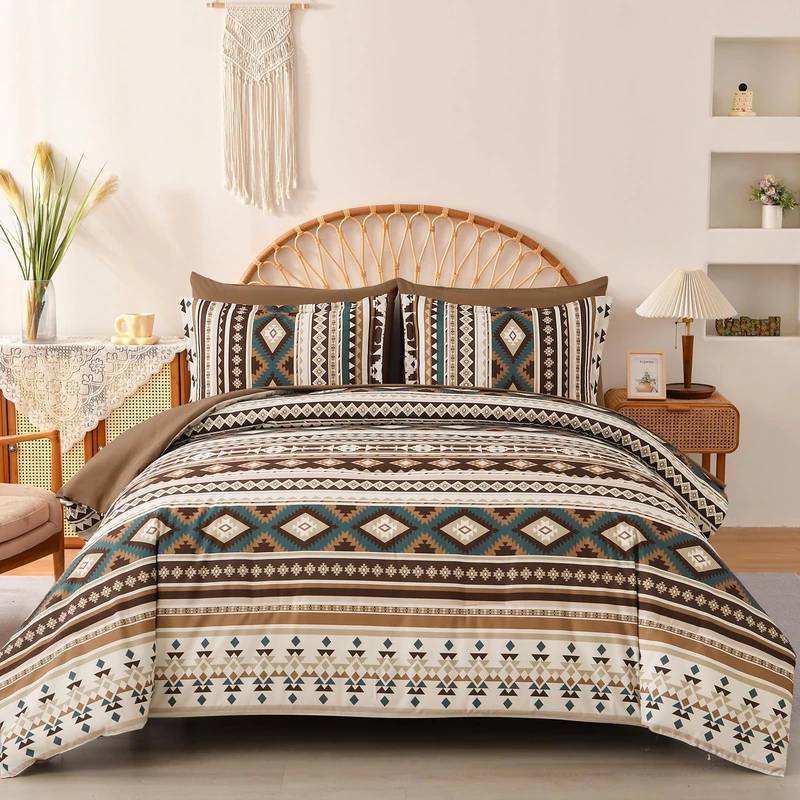 Boho King Size Bed in A Bag Comforter Set, 7 Pieces Brown Striped Comforters King Geometric Bedding Set with Sheets Bohemian Patchwork Complete Set Aztec Decor for Women Men 90"×104"