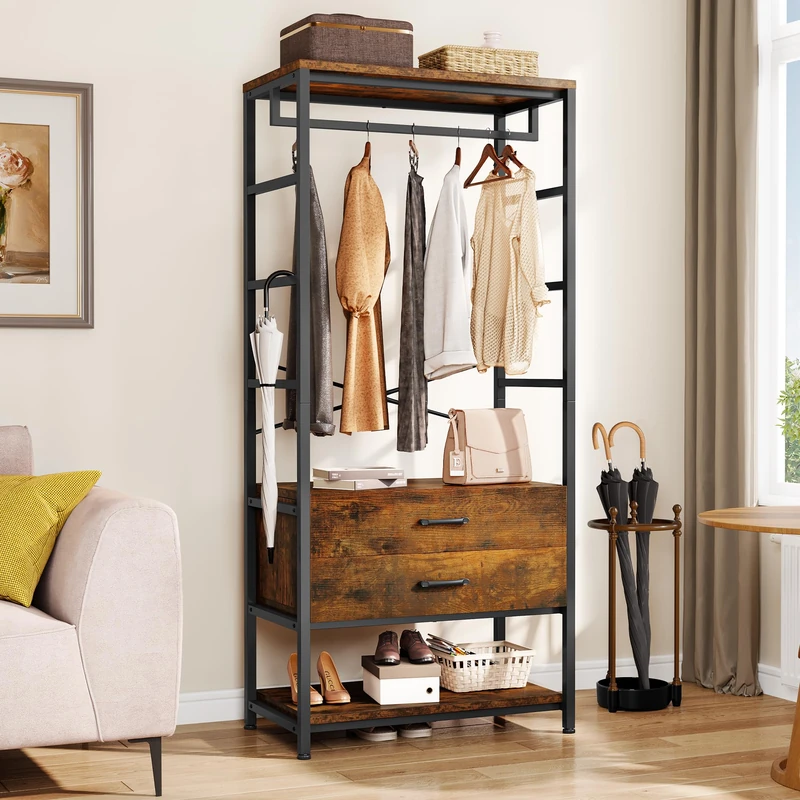 YITAHOME Coat Rack Stand, Industrial Hall Tree with Shoe Storage Clothes Rail Stand Rack with 2 Drawes Large Clothes Rail Garment Rack for Entryway Hallway Bedroom Living Room