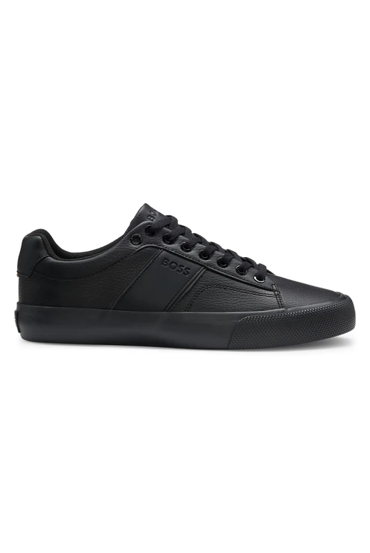 BOSS Mens Aiden Tenn Faux-Leather Trainers with Grained and Plain Textures Size 12 Black