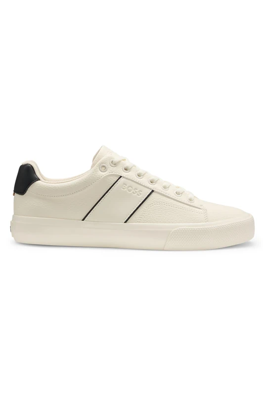 BOSS Mens Aiden Tenn Faux-Leather Trainers with Grained and Plain Textures Size 7 Natural