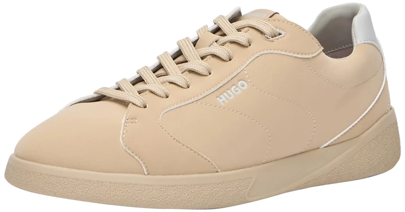 HUGO Mens Riven Tenn Logo-Detail Trainers in Faux Leather Size 8 Beige