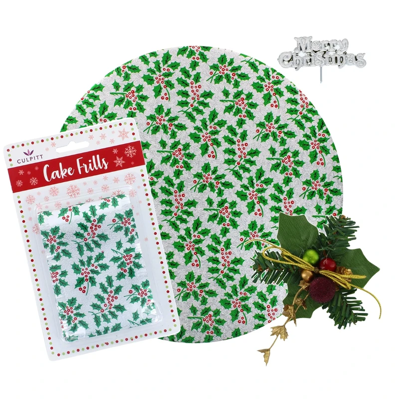 Culpitt Holly Christmas Cake Kit - 10" Festive Board, Silver Frill, Holly & Berry Toppers, Merry Christmas Plaque - 4 Piece Set