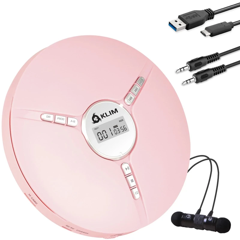 KLIM Discman Portable CD Player with Headphones, Built-in Battery - New Version - Discman Players for Home, Car - Compatible w/SD Card, CD, CD-R, CD-RW, MP3, WMA - 5 EQ Effects - Pink