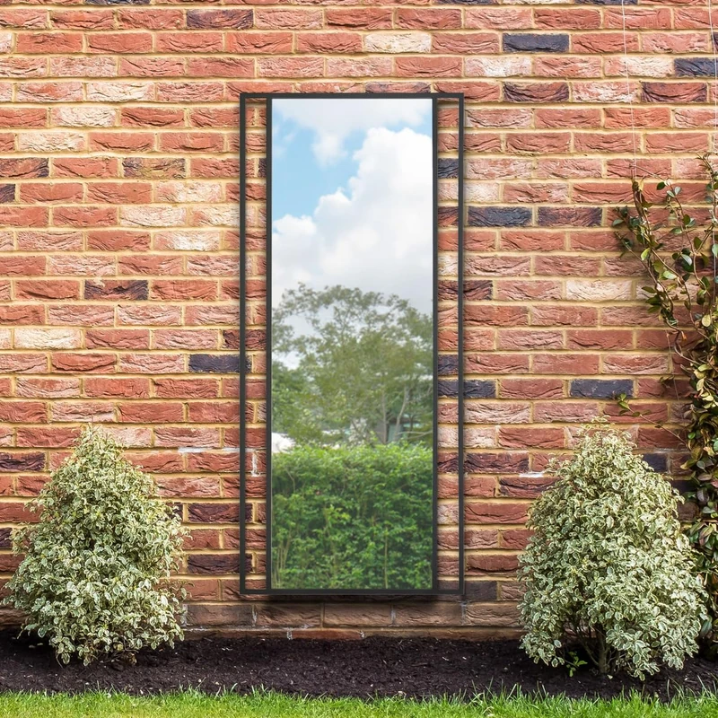 MirrorOutlet The Genestra - Black Modern Modern Leaner and Wall Garden Mirror 71" X 31" (180CM X 80CM) Silver Mirror Glass with Black Metal Frame. Landscape or Portrait. Frost Protected Glass