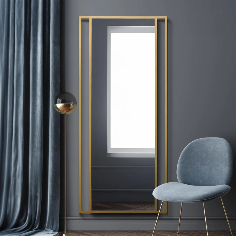 MirrorOutlet The Fenestra - Gold Modern Modern Leaner and Wall Mirror 71" X 31" (180CM X 80CM) Silver Mirror Glass with Black Metal Frame with Feature Edge. Landscape or Portrait.