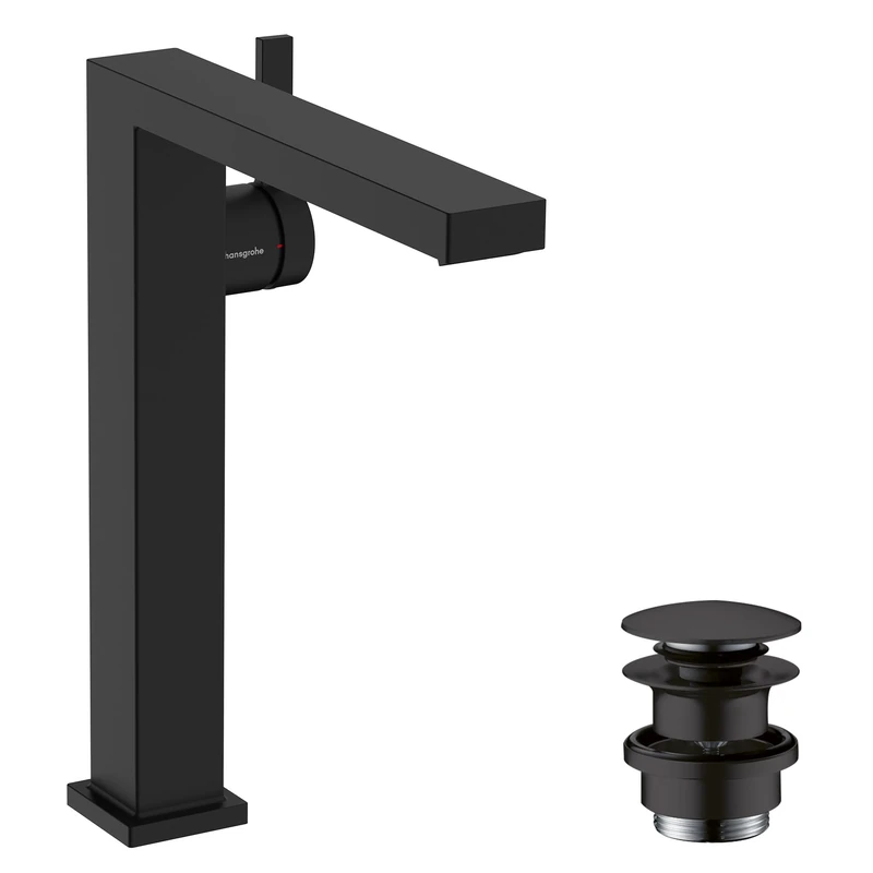 hansgrohe Tecturis E Fine - bathroom tap with push-open waste set, energy-saving (CoolStart), bathroom sink tap with spout height 240 mm, basin mixer tap water-saving (EcoSmart+), matt black, 73070670