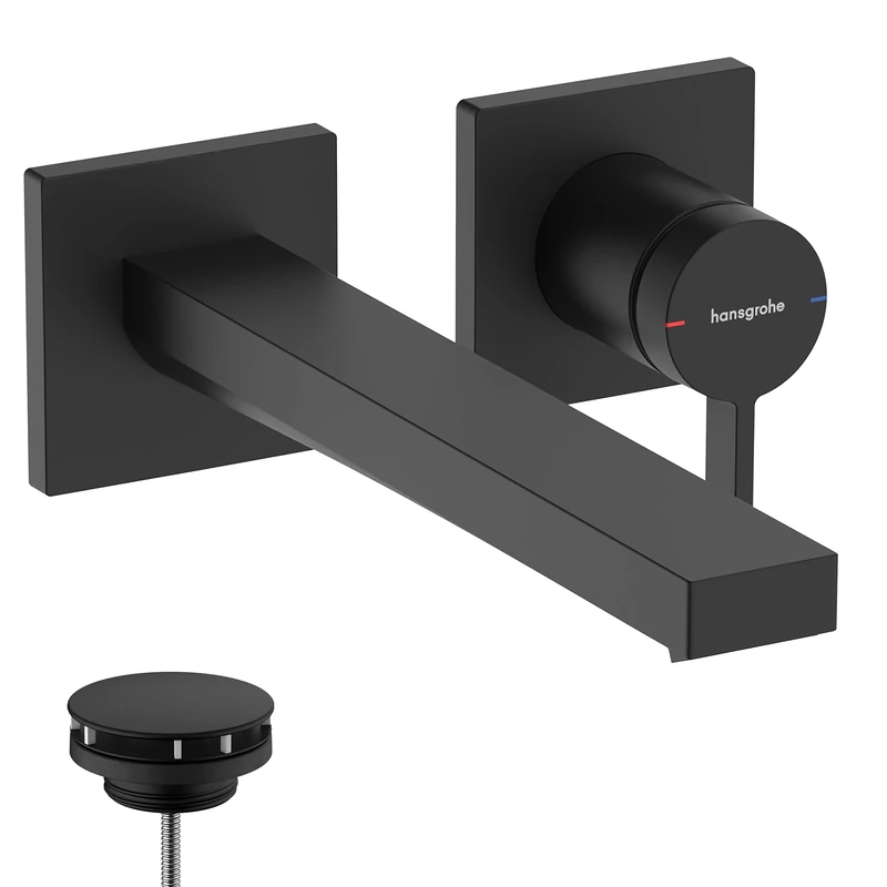 hansgrohe Tecturis E - bathroom tap conceiled for wall mounting with waste set, bathroom sink tap with spout length 22,5 cm, basin mixer tap water-saving (EcoSmart+), matt black, 73051670