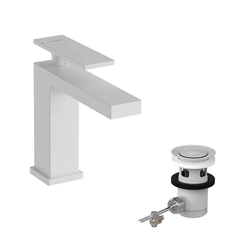 hansgrohe Tecturis E - bathroom tap with pop-up waste set, bathroom sink tap with spout height 110 mm, basin mixer tap water-saving (EcoSmart+), matt white, 73010700