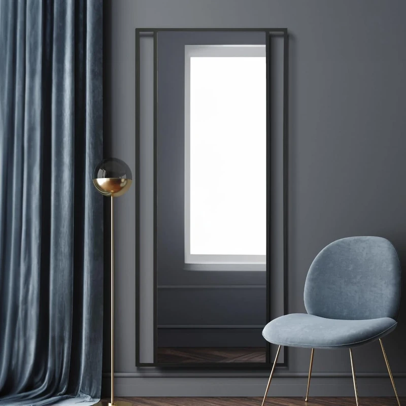 MirrorOutlet The Fenestra - Black Modern Modern Leaner and Wall Mirror 71" X 31" (180CM X 80CM) Silver Mirror Glass with Black Metal Frame with Feature Edge. Landscape or Portrait.