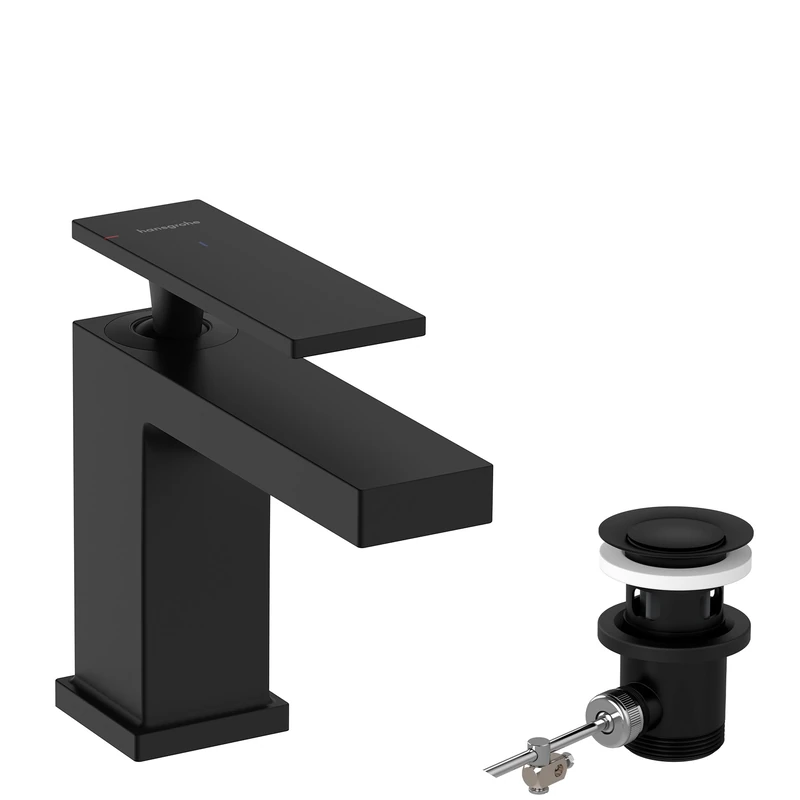 hansgrohe Tecturis E - bathroom tap with pop-up waste set, energy-saving (CoolStart), bathroom sink tap with spout height 80 mm, basin mixer tap water-saving (EcoSmart+), matt black, 73002670