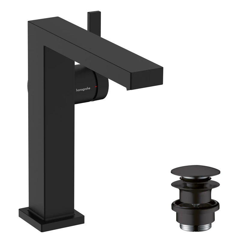 hansgrohe Tecturis E Fine - bathroom tap with push-open waste set, energy-saving (CoolStart), bathroom sink tap with spout height 150 mm, basin mixer tap water-saving (EcoSmart+), matt black, 73040670