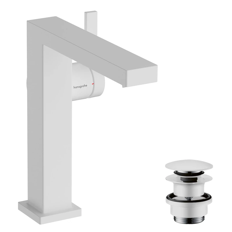 hansgrohe Tecturis E Fine - bathroom tap with push-open waste set, energy-saving (CoolStart), bathroom sink tap with spout height 150 mm, basin mixer tap water-saving (EcoSmart+), matt white, 73040700