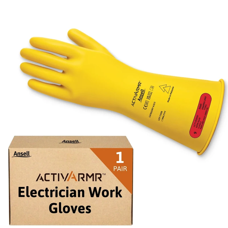 Ansell ActivArmr Electrician Work Gloves, Electrical Protection Class 0 (1000V), Insulating Natural Rubber Latex Gloves, Industrial Safety PPE, 14 Inches, Yellow, Size M (1 Pair)