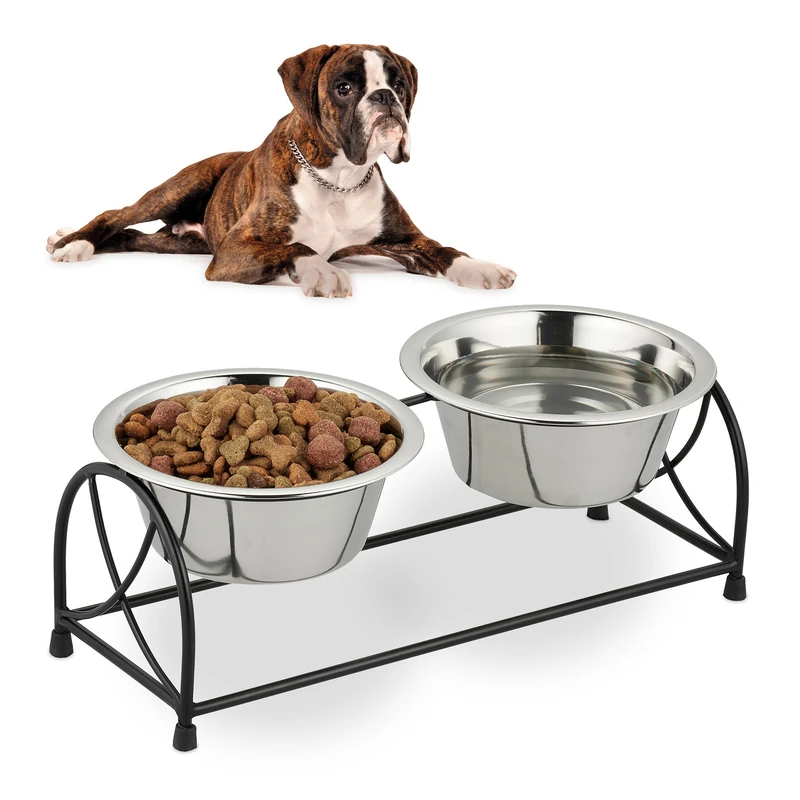Relaxdays Elevated Feeding Stand, Dog Bowls, 400 ml Volume, Iron & Stainless Steel, 13.5 x 36 x 13.5 cm, Black/Silver