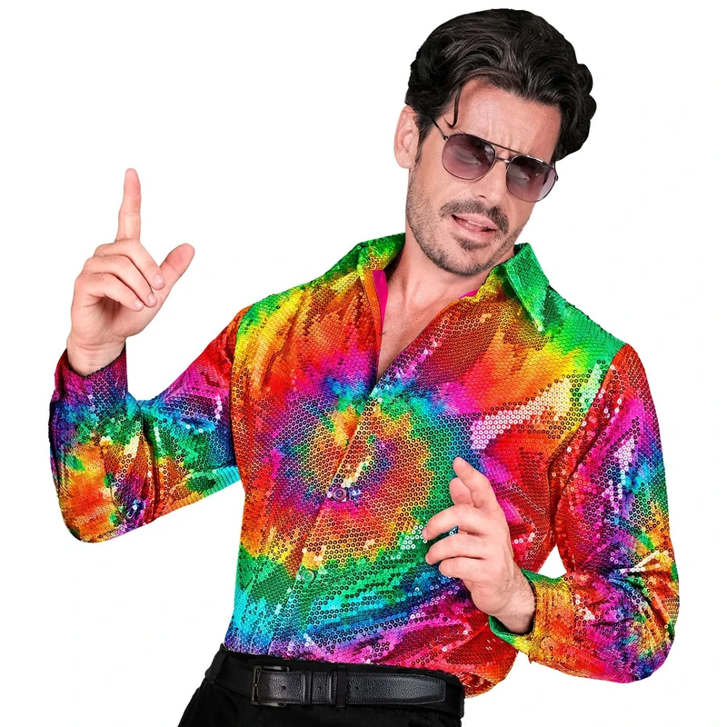 Widmann W MILANO Party Fashion - Party Fashion Sequin Shirt for Men, Disco Fever, Schlagermove, Animal Print, Men's Shirt, Tie-dye rainbow colours, L/XL