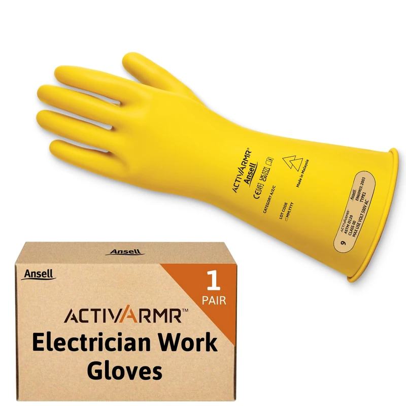 Ansell ActivArmr Electrician Work Gloves, Electrical Protection Class 00 (500V), Insulating Natural Rubber Latex Gloves, Industrial Safety PPE, 14 Inches, Yellow, Size 2XL (1 Pair)