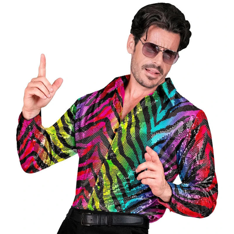 Widmann W MILANO Party Fashion - Party Fashion Sequin Shirt for Men, Disco Fever, Schlagermove, Animal Print, Men's Shirt, Tiger Rainbow Colours, S-M