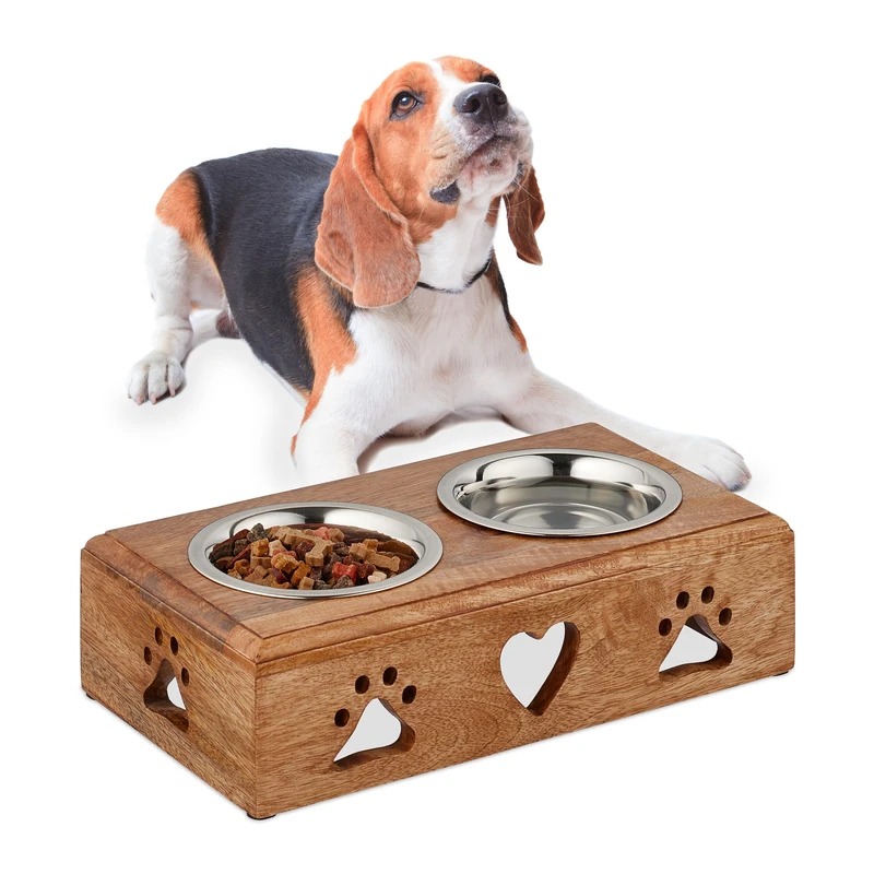 Relaxdays Dog Feeding Station, Double Bowls, Stainless Steel and Wood, Dishwasher-Safe, 9 x 34 x 18.5 cm, Natural/Silver