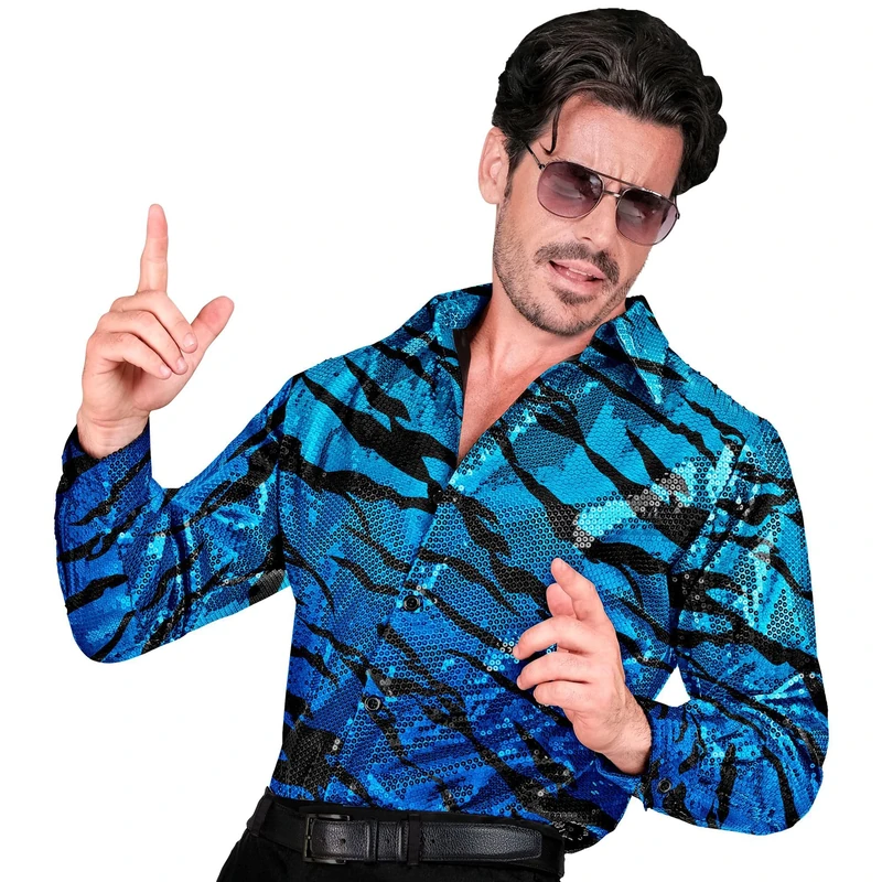 Widmann W MILANO Party Fashion - Party Fashion Sequin Shirt for Men, Disco Fever, Schlagermove, Animal Print, Men's Shirt, Blue Waves, L/XL - Image 1