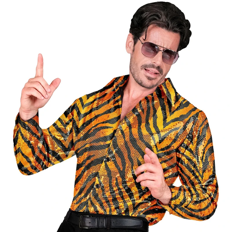 Widmann Men's Sequin Tiger Print Disco Fever Shirt