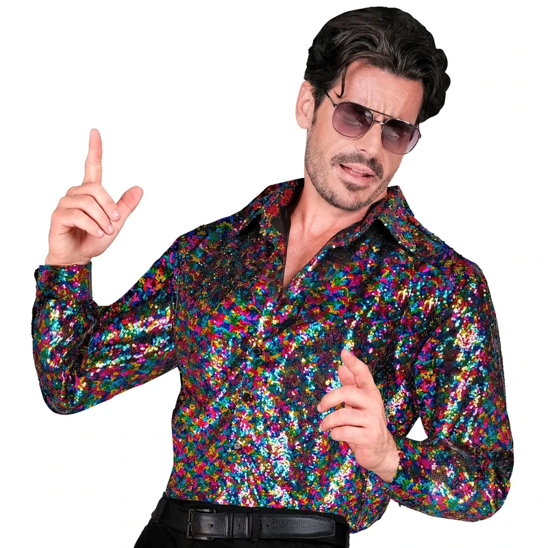 Widmann - Party Fashion Sequin Shirt Men Rainbow Disco Fever Strike Movie Men's Shirt