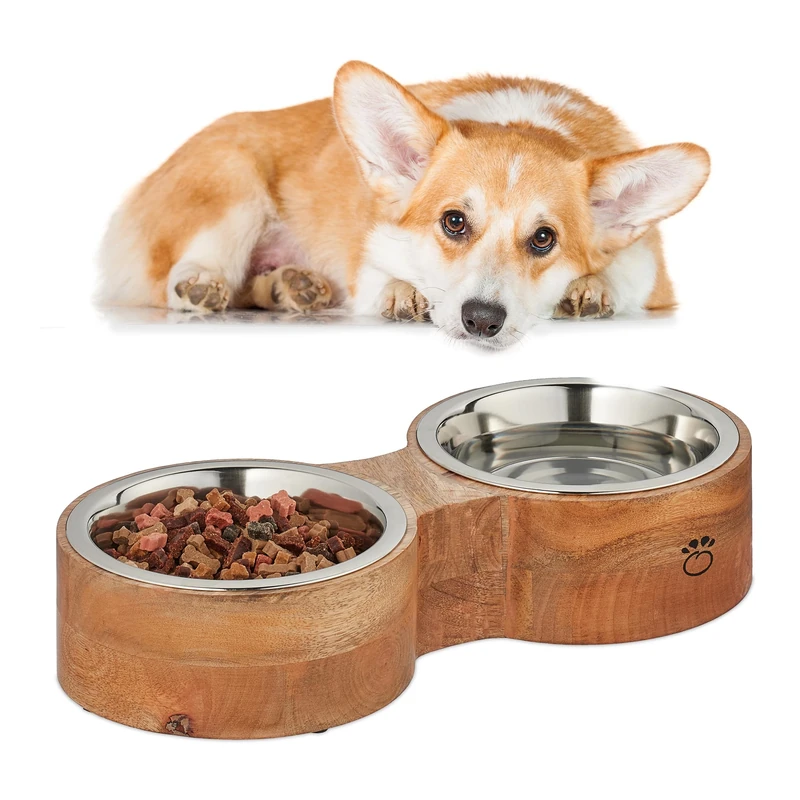 Relaxdays Dog Feeding Station, Double Bowls, Stainless Steel and Wood, Dishwasher-Safe, 8 x 39.5 x 18 cm, Natural/Silver