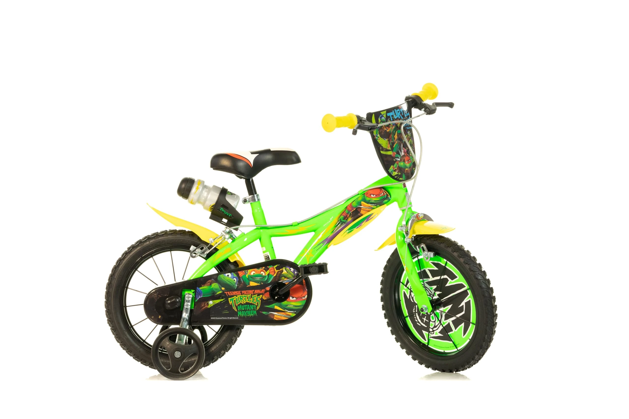 Dino Bikes Teenage Mutant Ninja Turtles - Mutant Mayhem 12 inch Unisex Children’s Bicycle with stabilisers and drinks bottle, suits child 3-5 Years, Green and Yellow