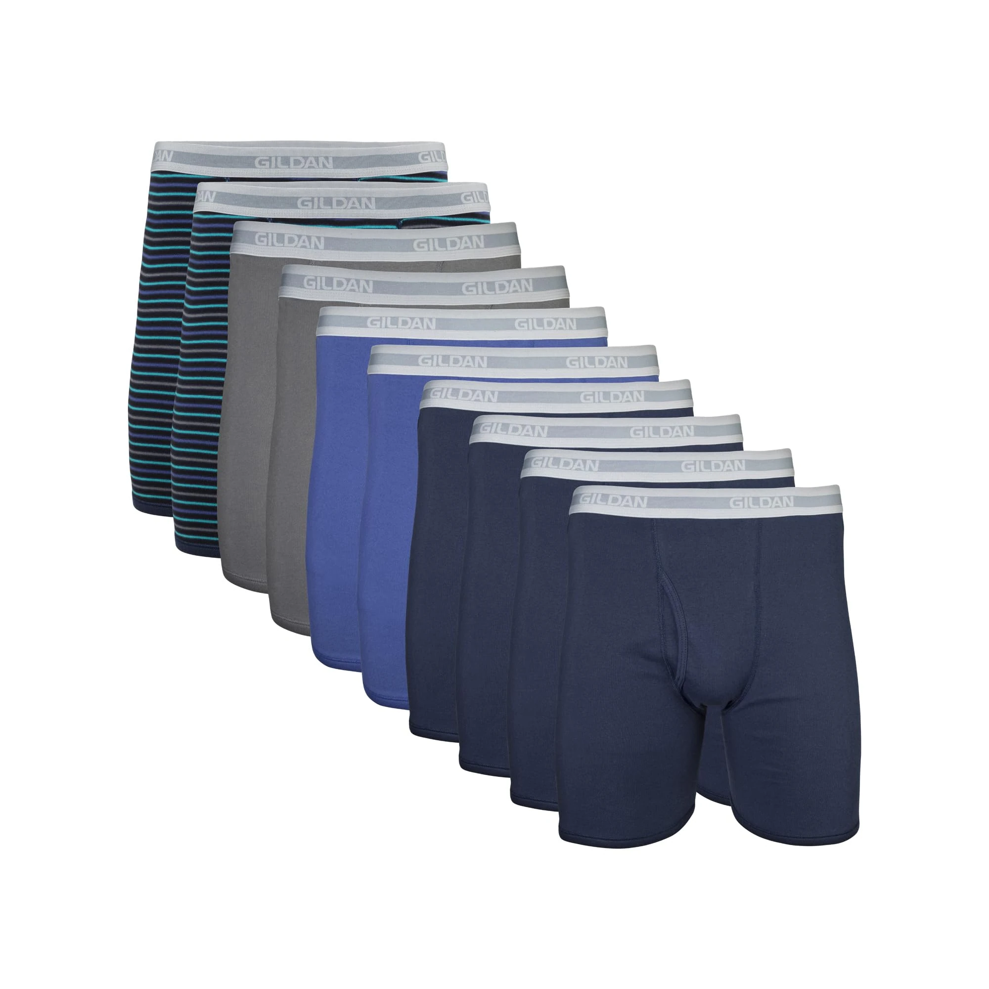 Gildan Men's Underwear Boxer Briefs, Multipack, Mixed Navy (10-Pack, Classic Length), L (Pack of 10)