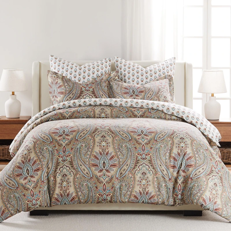 Levtex Home - Kasey Comforter Set - King Comforter + Two King Pillow Cases - Paisley - Red, Beige, Maroon, Taupe and Blue - Comforter (106 x 94in.) and Pillow Case (36 x 20in.) - Cotton