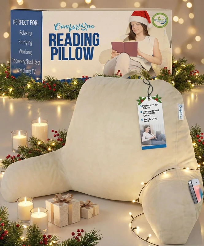 ComfortSpa Reading Pillow for Bed Adult Size, Back Rest Pillow with Arms, Pockets and Washable Cover; Use as a Back Pillow for Sitting in Bed for Bedrest or Relief from GERD Heartburn (Cream)