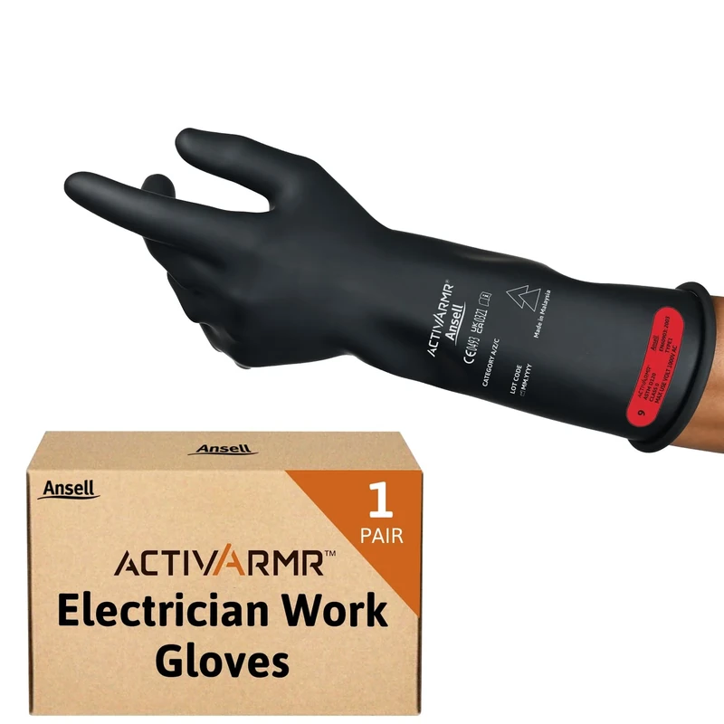Ansell ActivArmr Electrician Work Gloves, Electrical Protection Class 0 (1000V), Insulating Natural Rubber Latex Gloves, Industrial Safety PPE, 14 Inches, Black, Size M (1 Pair)